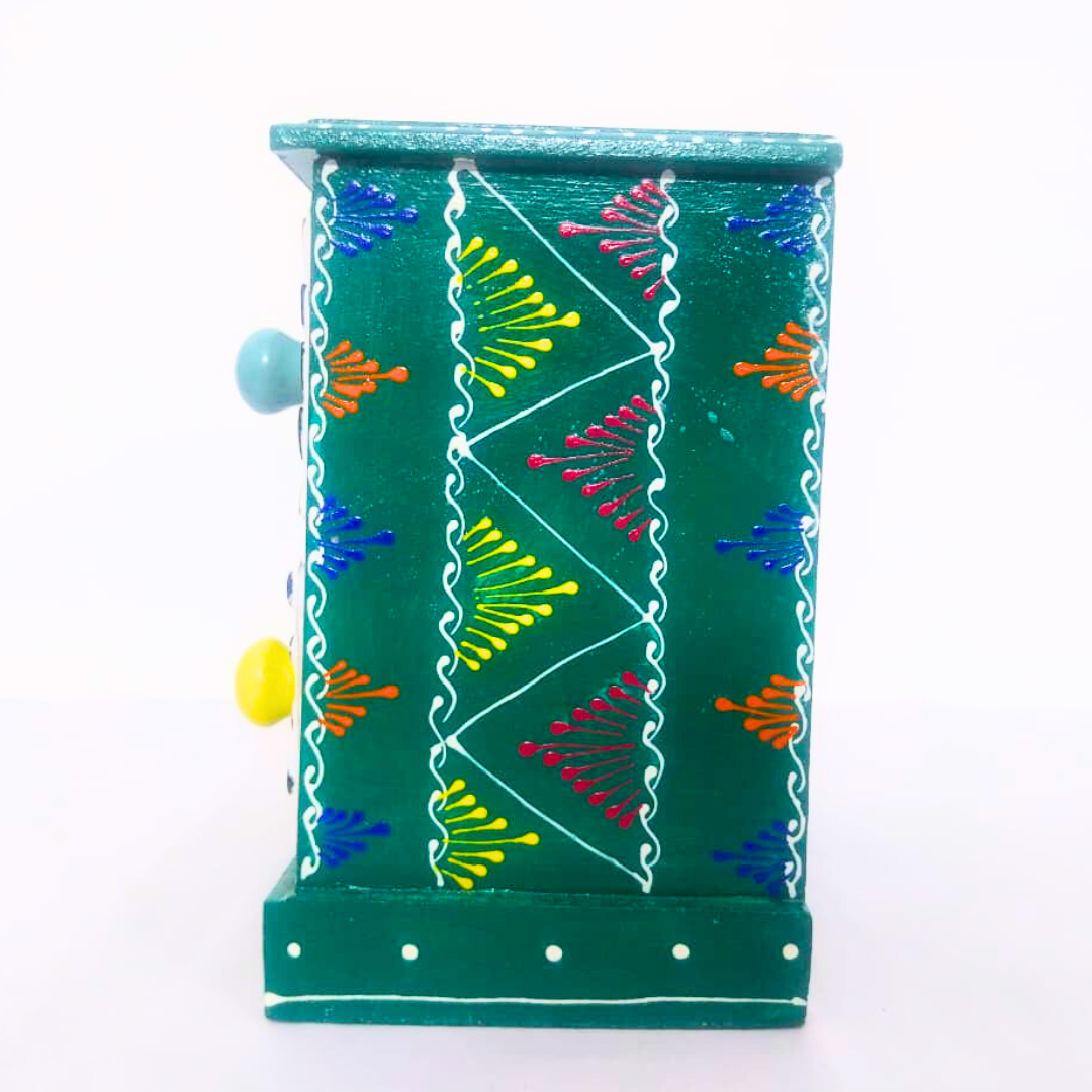 Decorative 4-Drawer Ceramic Storage Box | Teal Green and White Pattern with Colourful Knobs | Multipurpose Organizer for Jewelry, Trinkets, Keys & Small Essentials