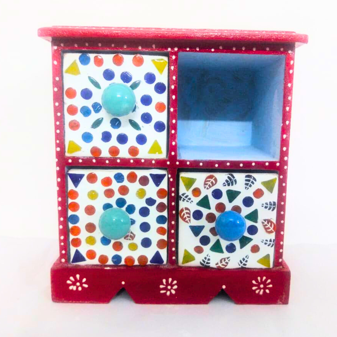 Handcrafted Wooden Wall Cabinet with 4 Drawers | Red with Colourful Dots Pattern | Decorative Storage Box for Jewelry, Trinkets, Keys & Small Essentials | Traditional Home Décor Organizer