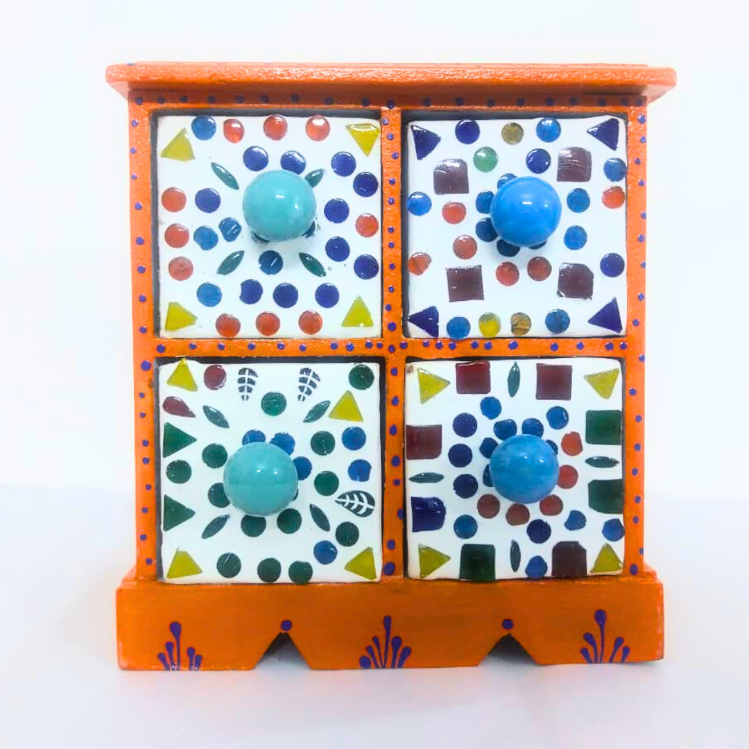 Handcrafted 4-Drawer Ceramic Storage Box | Orange Floral Design with Blue Knobs | Mosaic Pattern Decorative Organizer for Jewelry, Trinkets, Keys & Small Essentials