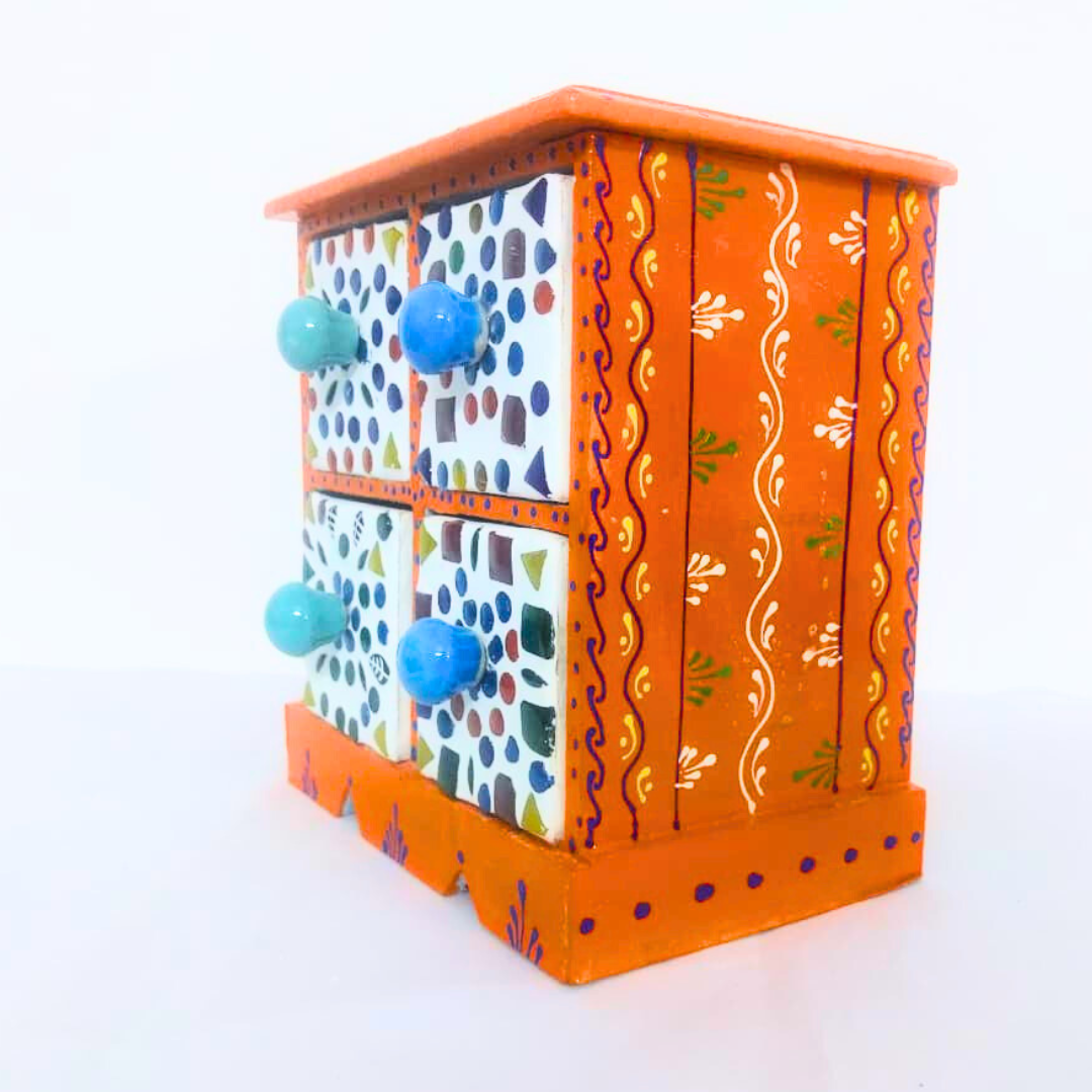 Handcrafted 4-Drawer Ceramic Storage Box | Orange Floral Design with Blue Knobs | Mosaic Pattern Decorative Organizer for Jewelry, Trinkets, Keys & Small Essentials