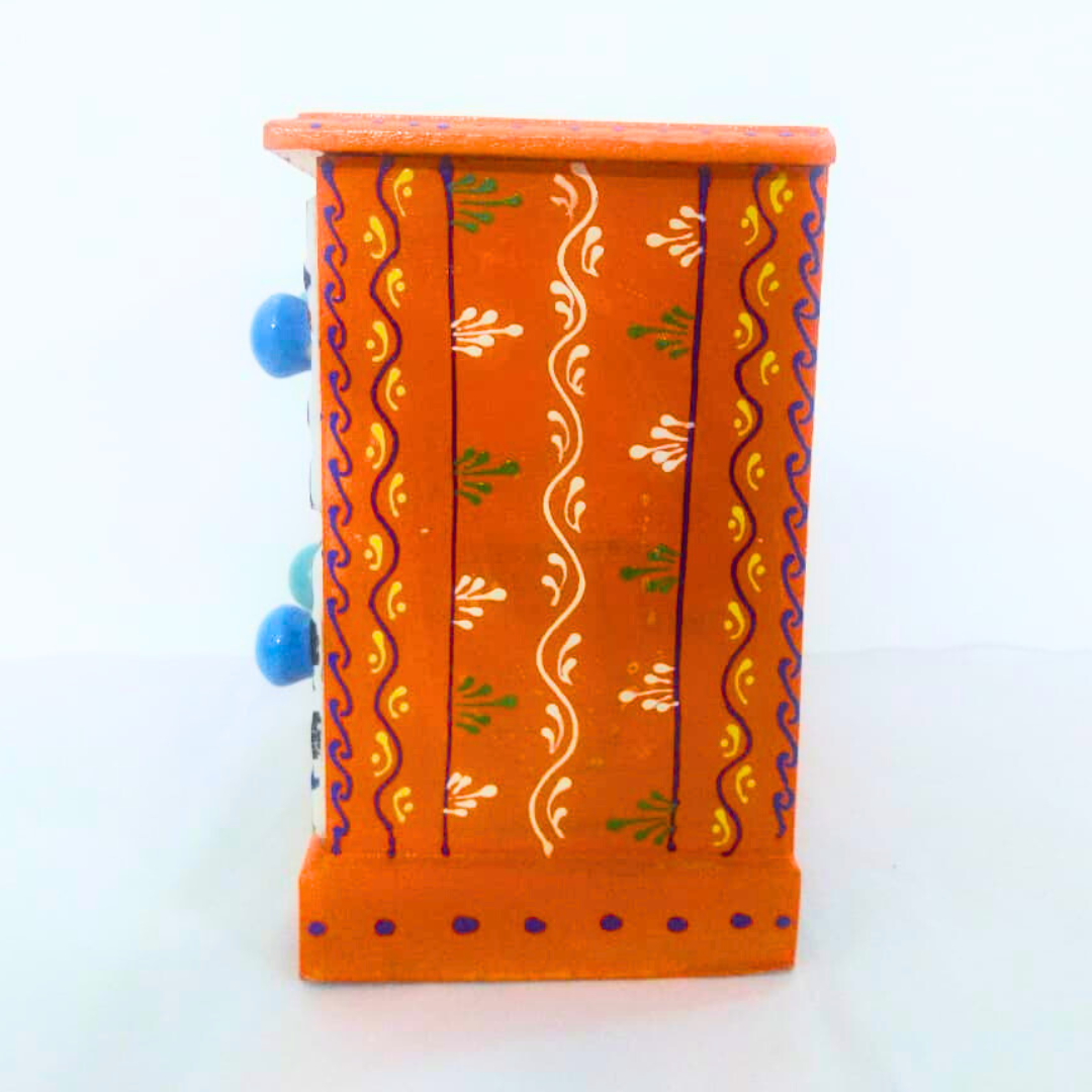 Handcrafted 4-Drawer Ceramic Storage Box | Orange Floral Design with Blue Knobs | Mosaic Pattern Decorative Organizer for Jewelry, Trinkets, Keys & Small Essentials