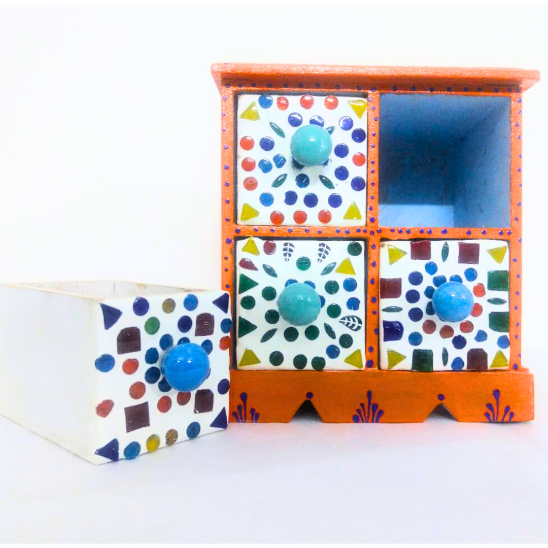 Handcrafted 4-Drawer Ceramic Storage Box | Orange Floral Design with Blue Knobs | Mosaic Pattern Decorative Organizer for Jewelry, Trinkets, Keys & Small Essentials