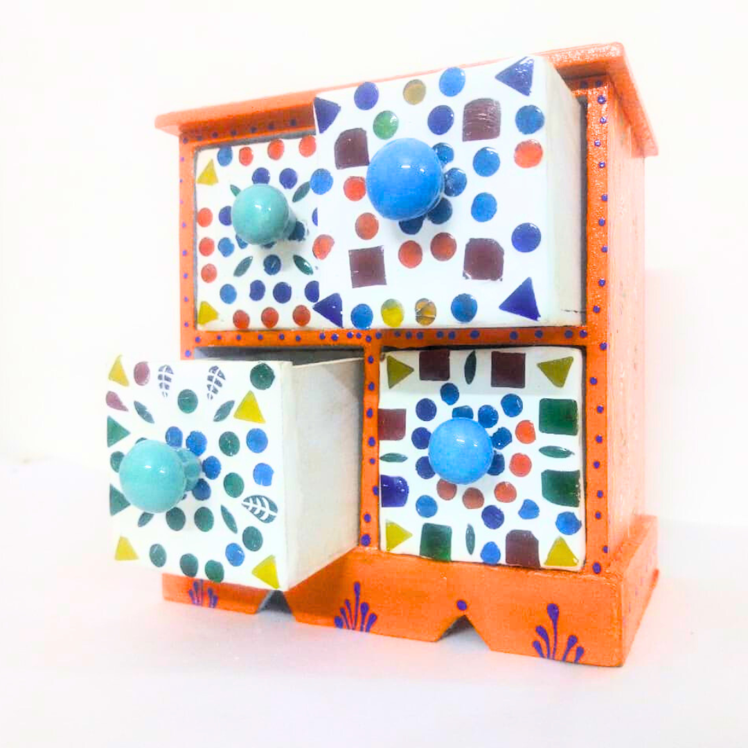 Handcrafted 4-Drawer Ceramic Storage Box | Orange Floral Design with Blue Knobs | Mosaic Pattern Decorative Organizer for Jewelry, Trinkets, Keys & Small Essentials