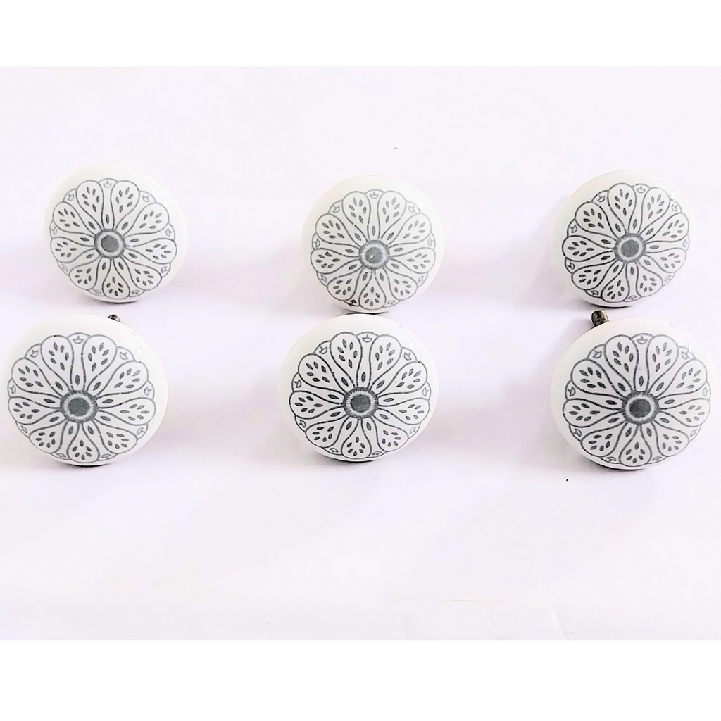 Decorative Ceramic Drawer Knobs, White with Grey Floral Pattern | Handcrafted Cabinet Pulls with Metal Hardware | Set of 6 for Drawers, Wardrobes & Cupboards