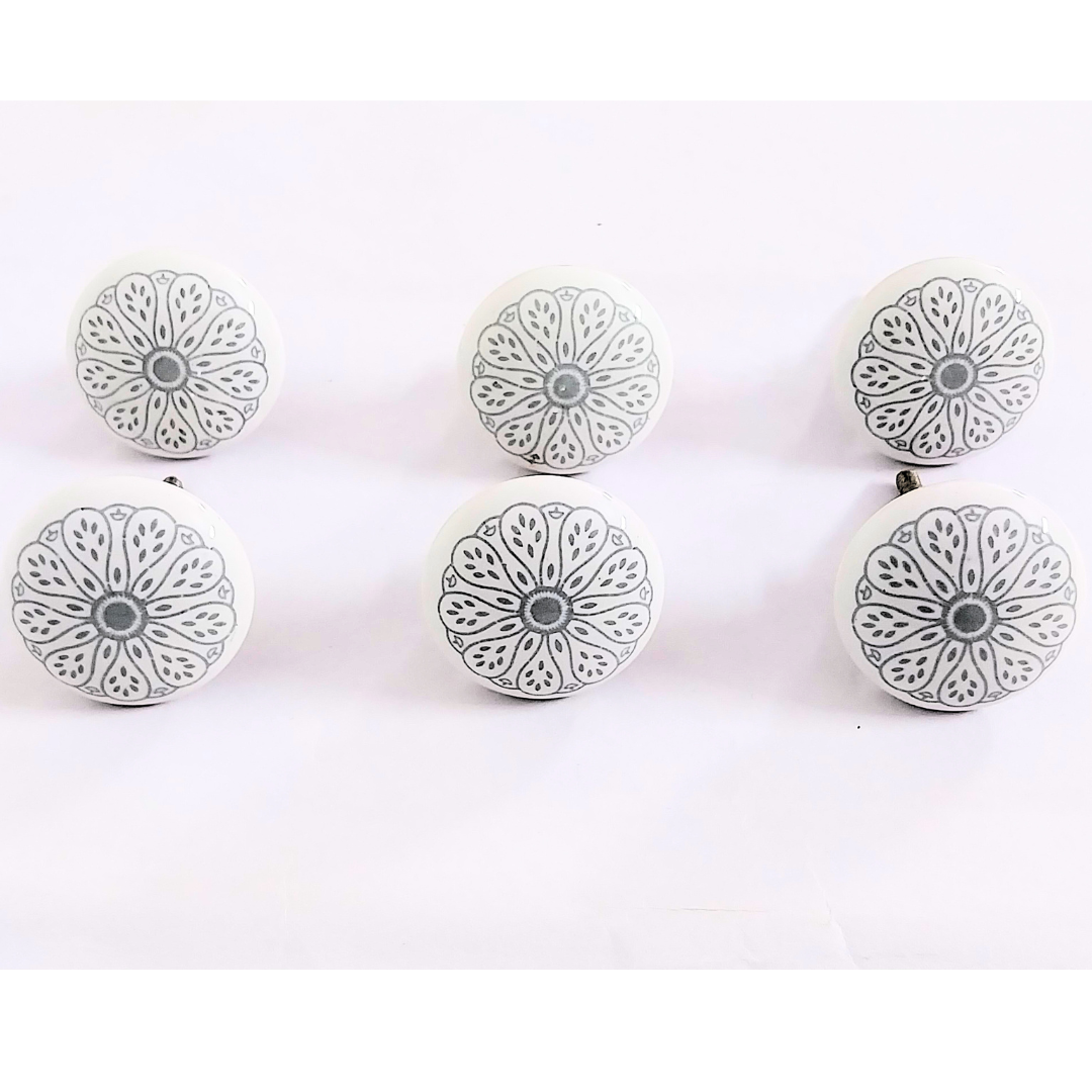 Decorative Ceramic Drawer Knobs, White with Grey Floral Pattern | Handcrafted Cabinet Pulls with Metal Hardware | Set of 6 for Drawers, Wardrobes & Cupboards