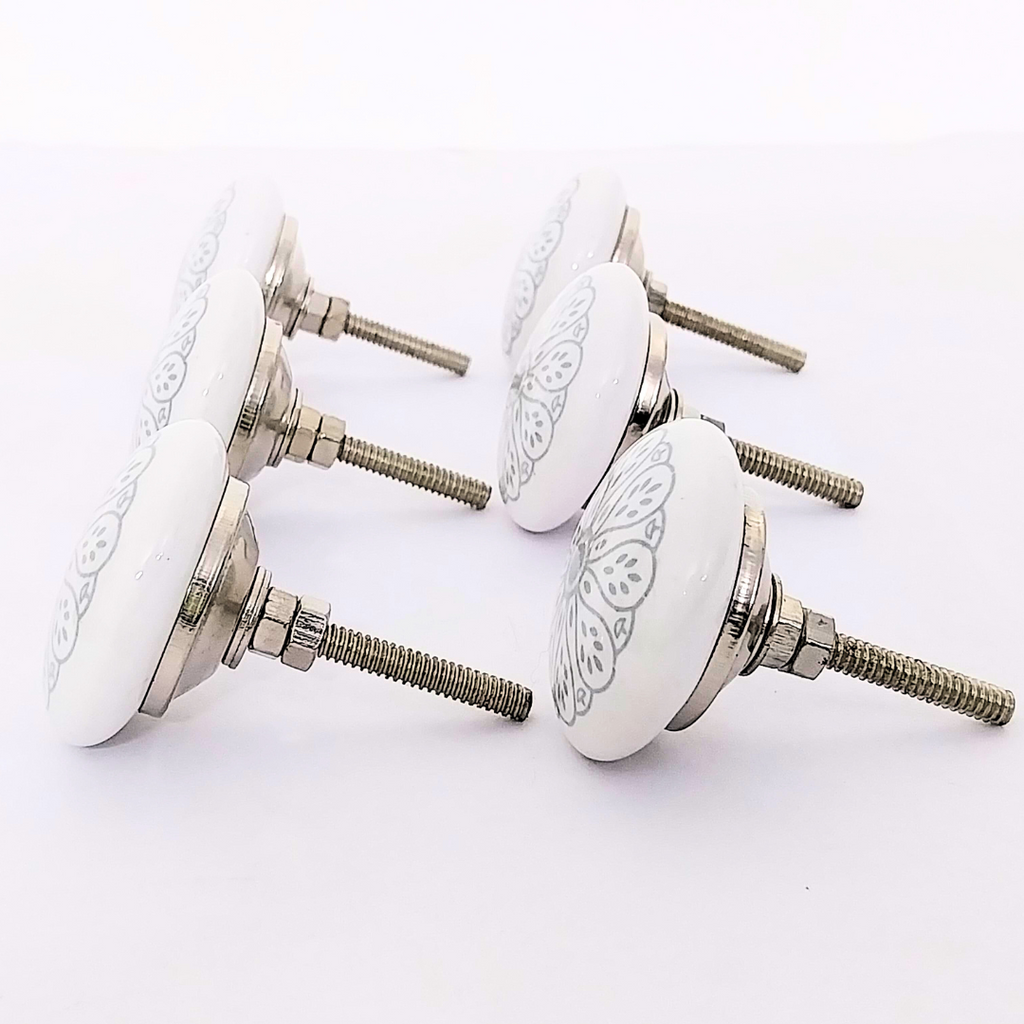 Decorative Ceramic Drawer Knobs, White with Grey Floral Pattern | Handcrafted Cabinet Pulls with Metal Hardware | Set of 6 for Drawers, Wardrobes & Cupboards