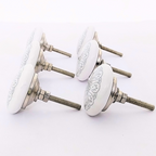 Decorative Ceramic Drawer Knobs, White with Grey Floral Pattern | Handcrafted Cabinet Pulls with Metal Hardware | Set of 6 for Drawers, Wardrobes & Cupboards