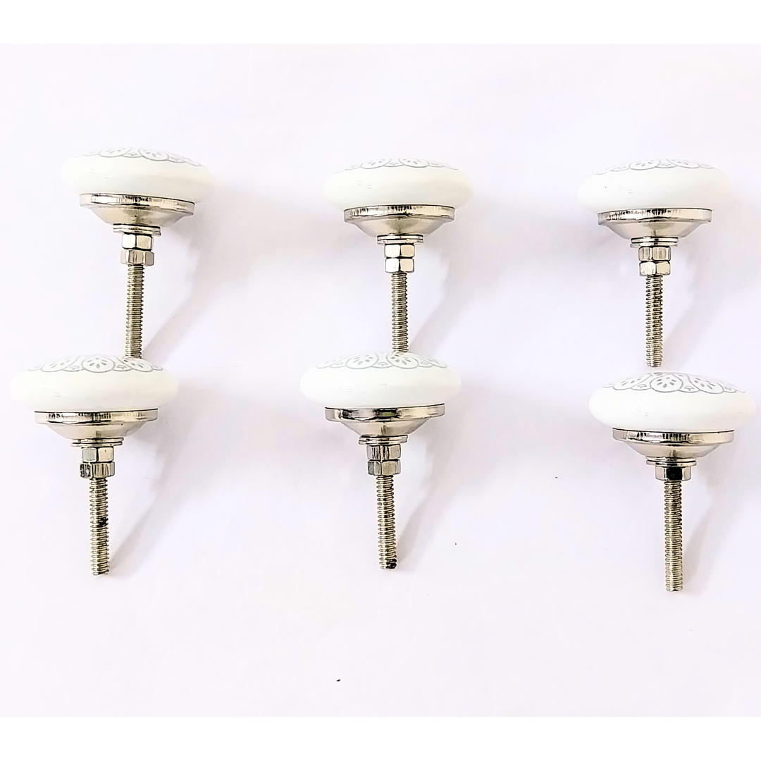 Decorative Ceramic Drawer Knobs, White with Grey Floral Pattern | Handcrafted Cabinet Pulls with Metal Hardware | Set of 6 for Drawers, Wardrobes & Cupboards