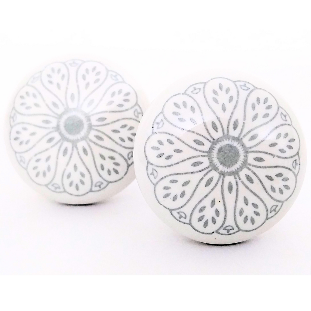 Decorative Ceramic Drawer Knobs, White with Grey Floral Pattern | Handcrafted Cabinet Pulls with Metal Hardware | Set of 6 for Drawers, Wardrobes & Cupboards
