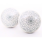 Decorative Ceramic Drawer Knobs, White with Grey Floral Pattern | Handcrafted Cabinet Pulls with Metal Hardware | Set of 6 for Drawers, Wardrobes & Cupboards