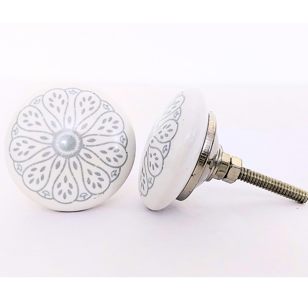 Decorative Ceramic Drawer Knobs, White with Grey Floral Pattern | Handcrafted Cabinet Pulls with Metal Hardware | Set of 6 for Drawers, Wardrobes & Cupboards