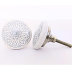 Decorative Ceramic Drawer Knobs, White with Grey Floral Pattern | Handcrafted Cabinet Pulls with Metal Hardware | Set of 6 for Drawers, Wardrobes & Cupboards