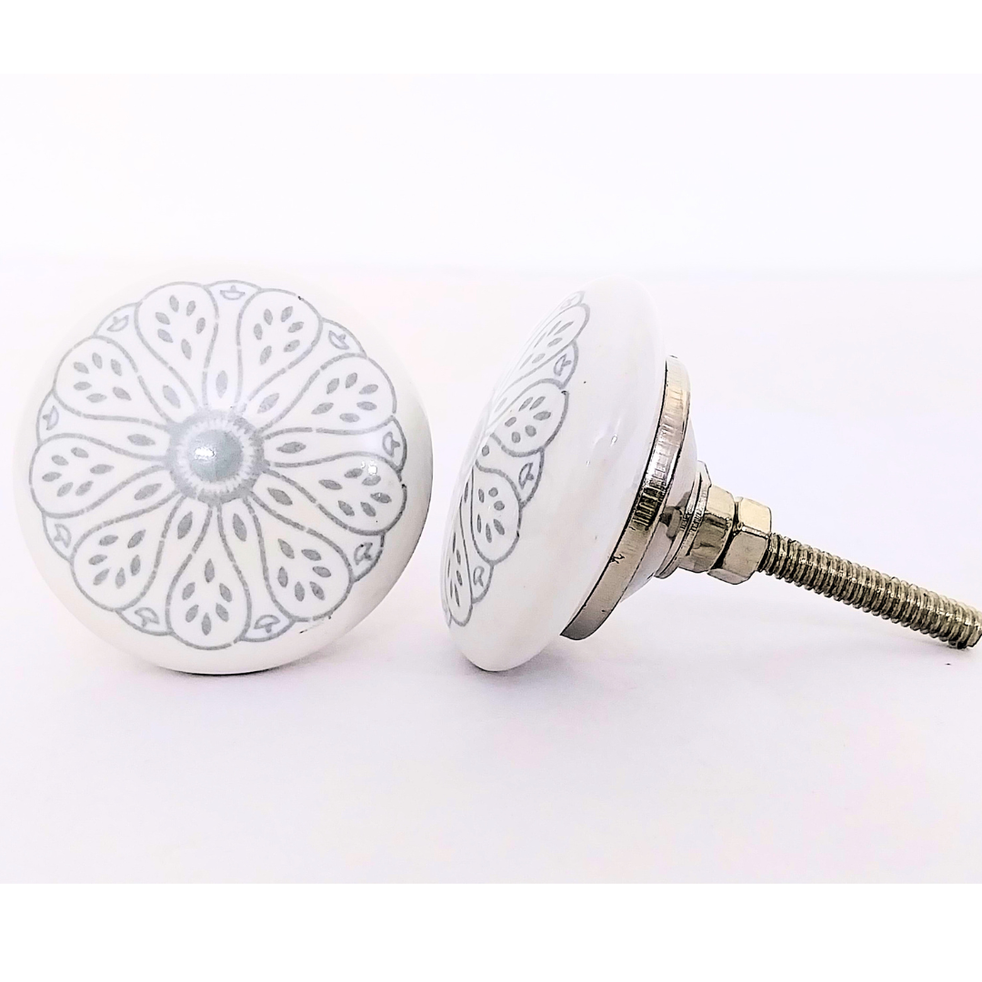 Decorative Ceramic Drawer Knobs, White with Grey Floral Pattern | Handcrafted Cabinet Pulls with Metal Hardware | Set of 6 for Drawers, Wardrobes & Cupboards