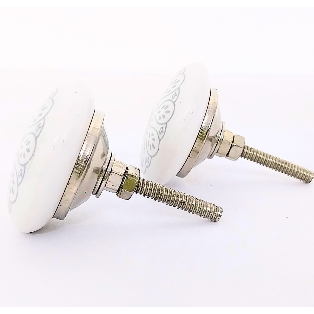 Decorative Ceramic Drawer Knobs, White with Grey Floral Pattern | Handcrafted Cabinet Pulls with Metal Hardware | Set of 6 for Drawers, Wardrobes & Cupboards