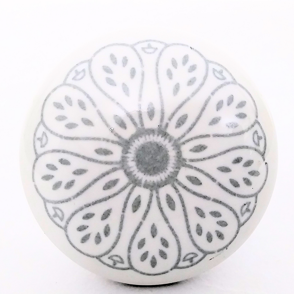 Decorative Ceramic Drawer Knobs, White with Grey Floral Pattern | Handcrafted Cabinet Pulls with Metal Hardware | Set of 6 for Drawers, Wardrobes & Cupboards