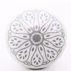 Decorative Ceramic Drawer Knobs, White with Grey Floral Pattern | Handcrafted Cabinet Pulls with Metal Hardware | Set of 6 for Drawers, Wardrobes & Cupboards