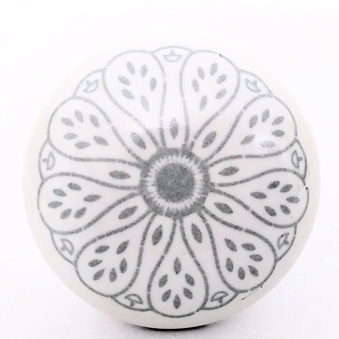 Decorative Ceramic Drawer Knobs, White with Grey Floral Pattern | Handcrafted Cabinet Pulls with Metal Hardware | Set of 6 for Drawers, Wardrobes & Cupboards