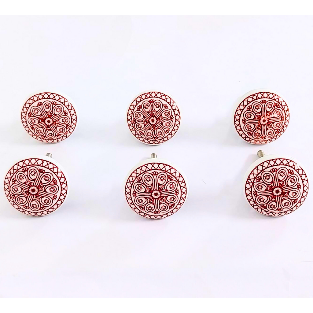 Decorative Ceramic Drawer Knobs with Red Mandala Pattern on White Base | Handcrafted Cabinet Pulls with Metal Hardware | Set of 6 for Drawers, Cupboards & Wardrobes