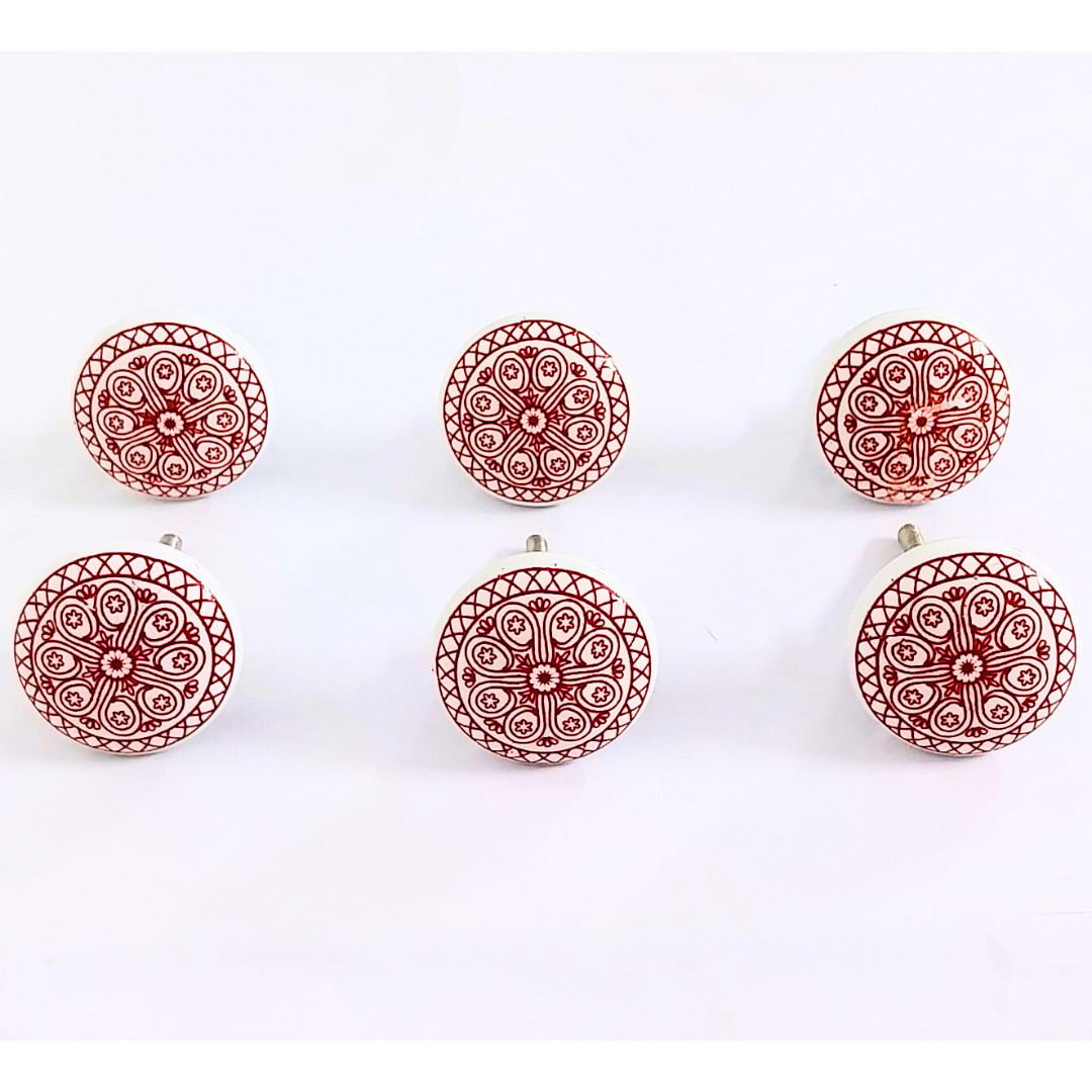 Decorative Ceramic Drawer Knobs with Red Mandala Pattern on White Base | Handcrafted Cabinet Pulls with Metal Hardware | Set of 6 for Drawers, Cupboards & Wardrobes