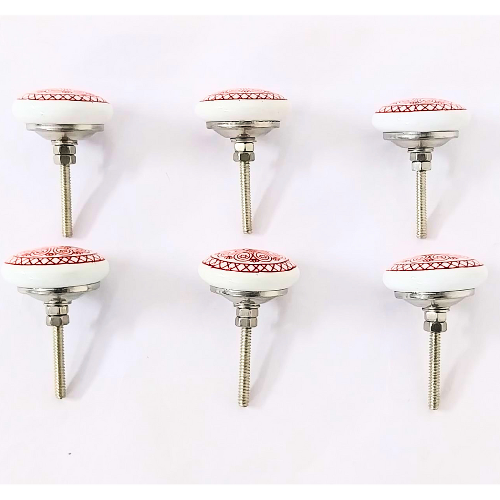Decorative Ceramic Drawer Knobs with Red Mandala Pattern on White Base | Handcrafted Cabinet Pulls with Metal Hardware | Set of 6 for Drawers, Cupboards & Wardrobes