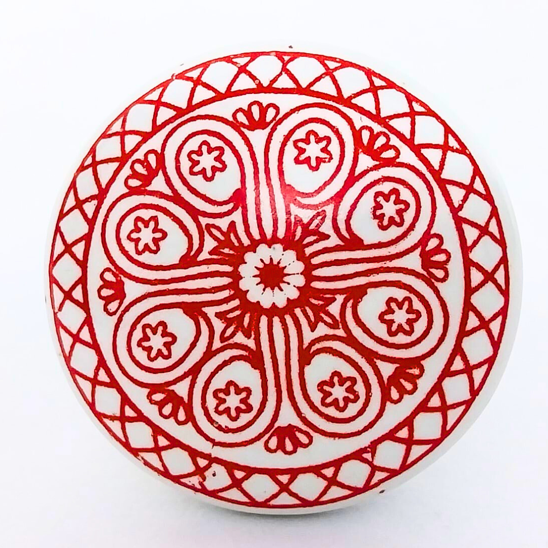 Decorative Ceramic Drawer Knobs with Red Mandala Pattern on White Base | Handcrafted Cabinet Pulls with Metal Hardware | Set of 6 for Drawers, Cupboards & Wardrobes