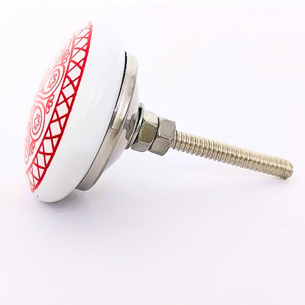 Decorative Ceramic Drawer Knobs with Red Mandala Pattern on White Base | Handcrafted Cabinet Pulls with Metal Hardware | Set of 6 for Drawers, Cupboards & Wardrobes