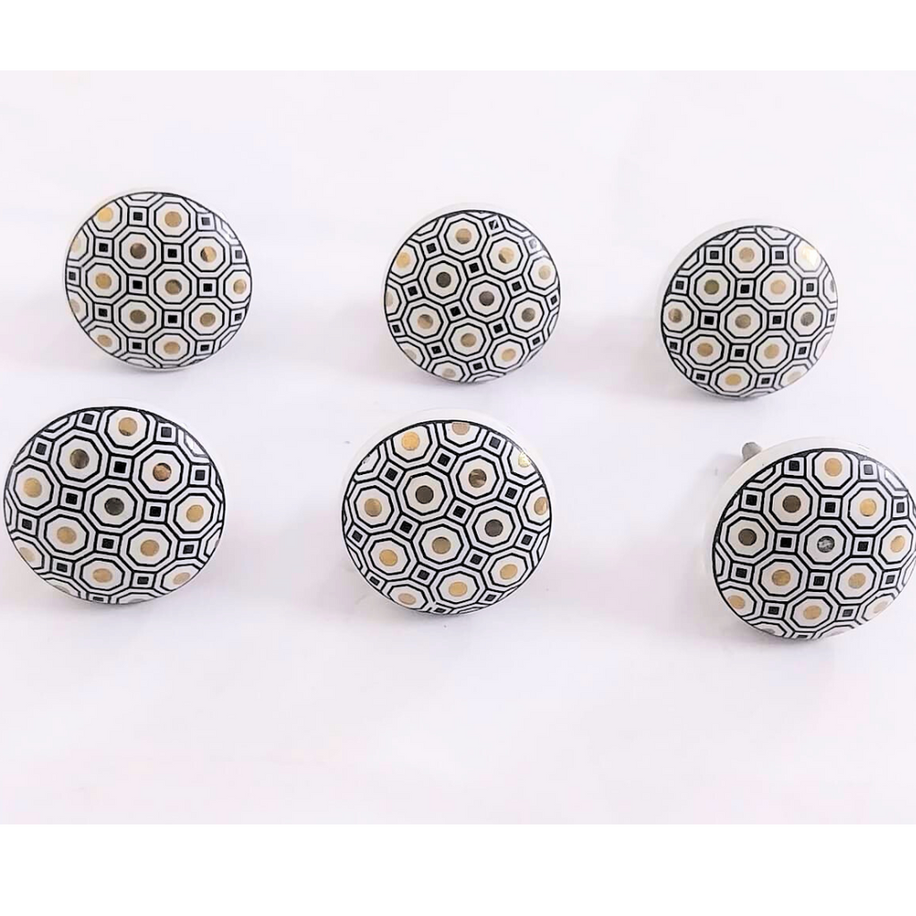 Decorative Ceramic Drawer Knobs, White and Black Geometric Hexagon Pattern | Handcrafted Cabinet Pulls & Drawer Handles | Set of 6 with Metal Hardware
