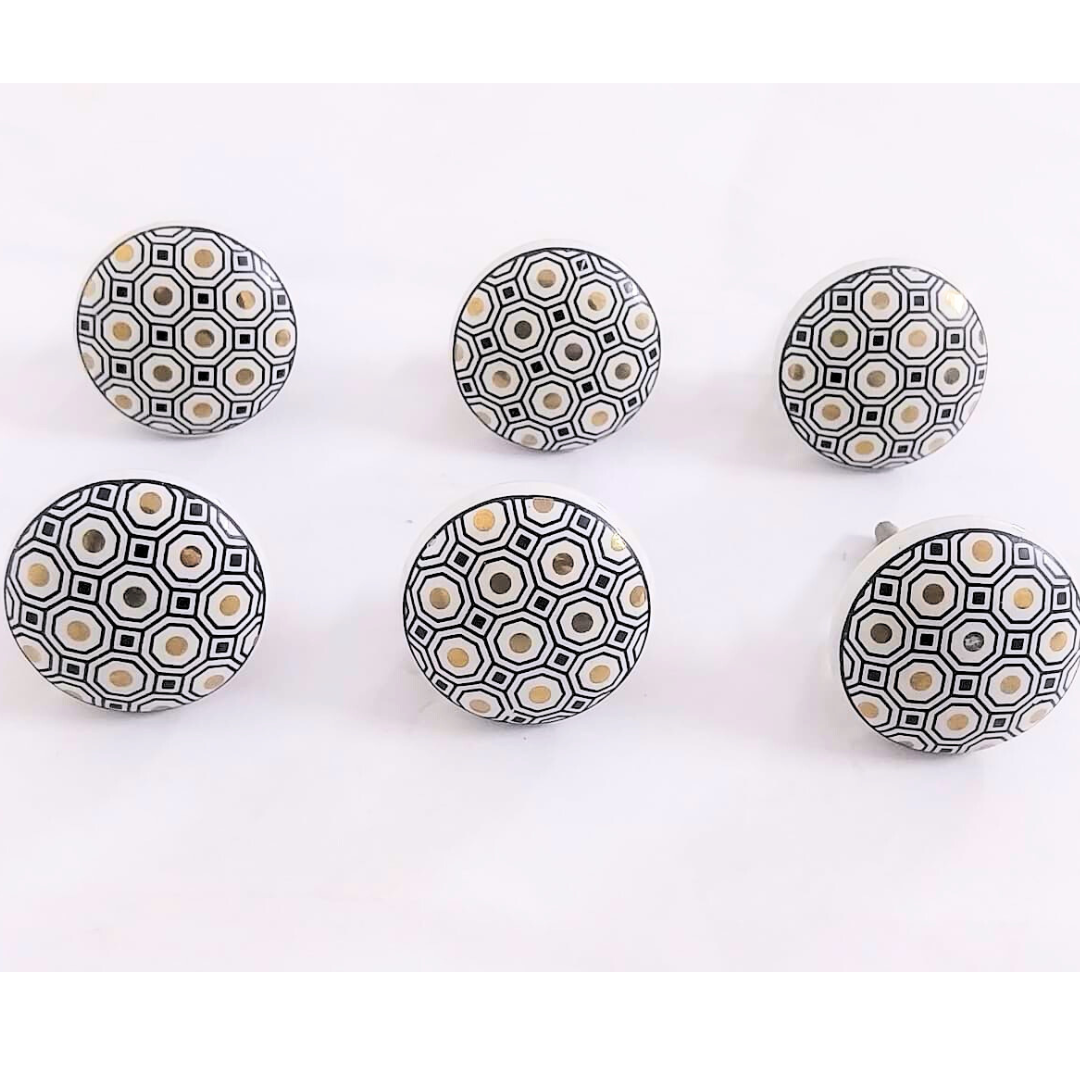 Decorative Ceramic Drawer Knobs, White and Black Geometric Hexagon Pattern | Handcrafted Cabinet Pulls & Drawer Handles | Set of 6 with Metal Hardware