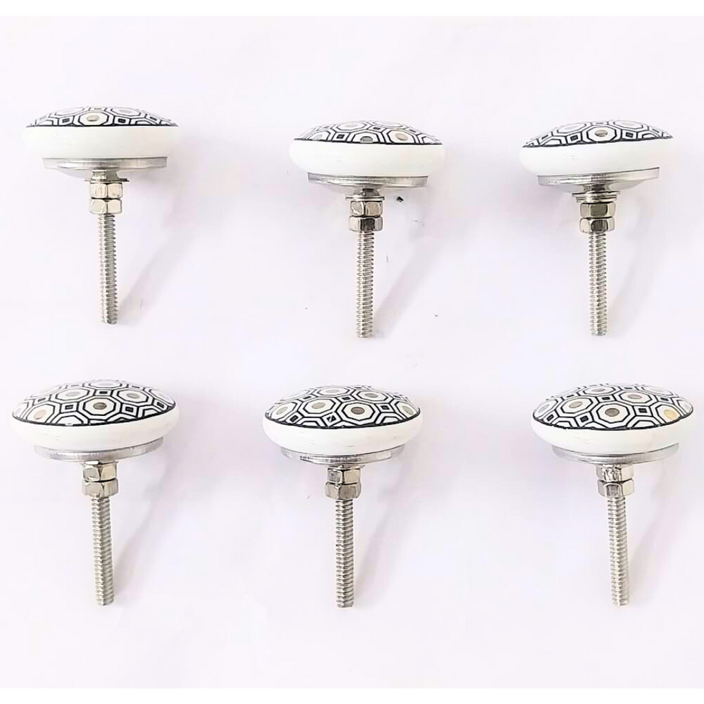 Decorative Ceramic Drawer Knobs, White and Black Geometric Hexagon Pattern | Handcrafted Cabinet Pulls & Drawer Handles | Set of 6 with Metal Hardware