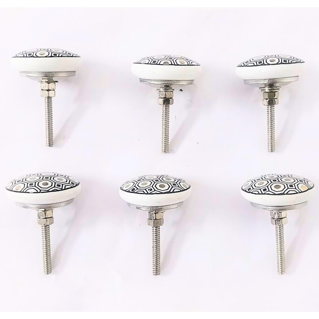 Decorative Ceramic Drawer Knobs, White and Black Geometric Hexagon Pattern | Handcrafted Cabinet Pulls & Drawer Handles | Set of 6 with Metal Hardware
