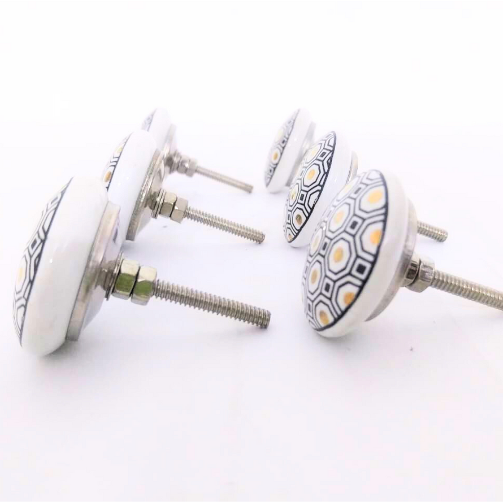 Decorative Ceramic Drawer Knobs, White and Black Geometric Hexagon Pattern | Handcrafted Cabinet Pulls & Drawer Handles | Set of 6 with Metal Hardware