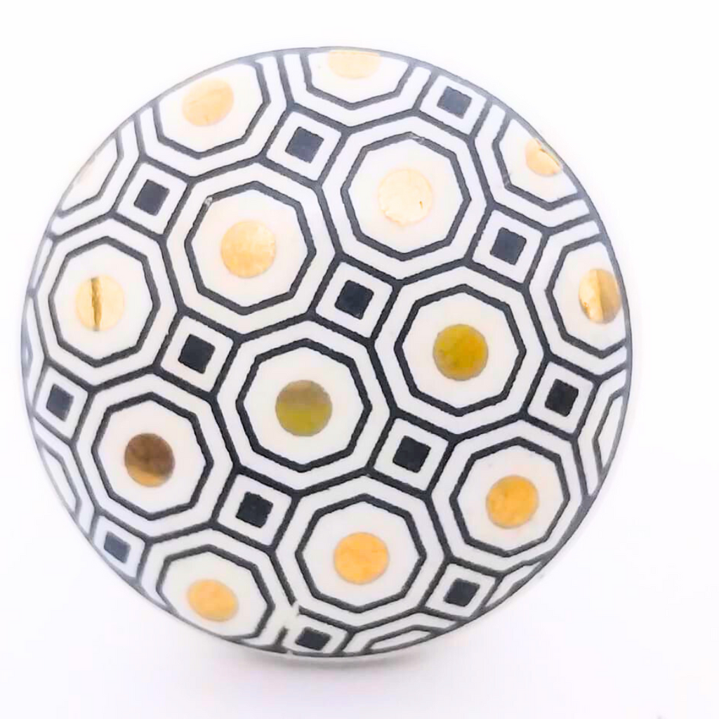 Decorative Ceramic Drawer Knobs, White and Black Geometric Hexagon Pattern | Handcrafted Cabinet Pulls & Drawer Handles | Set of 6 with Metal Hardware