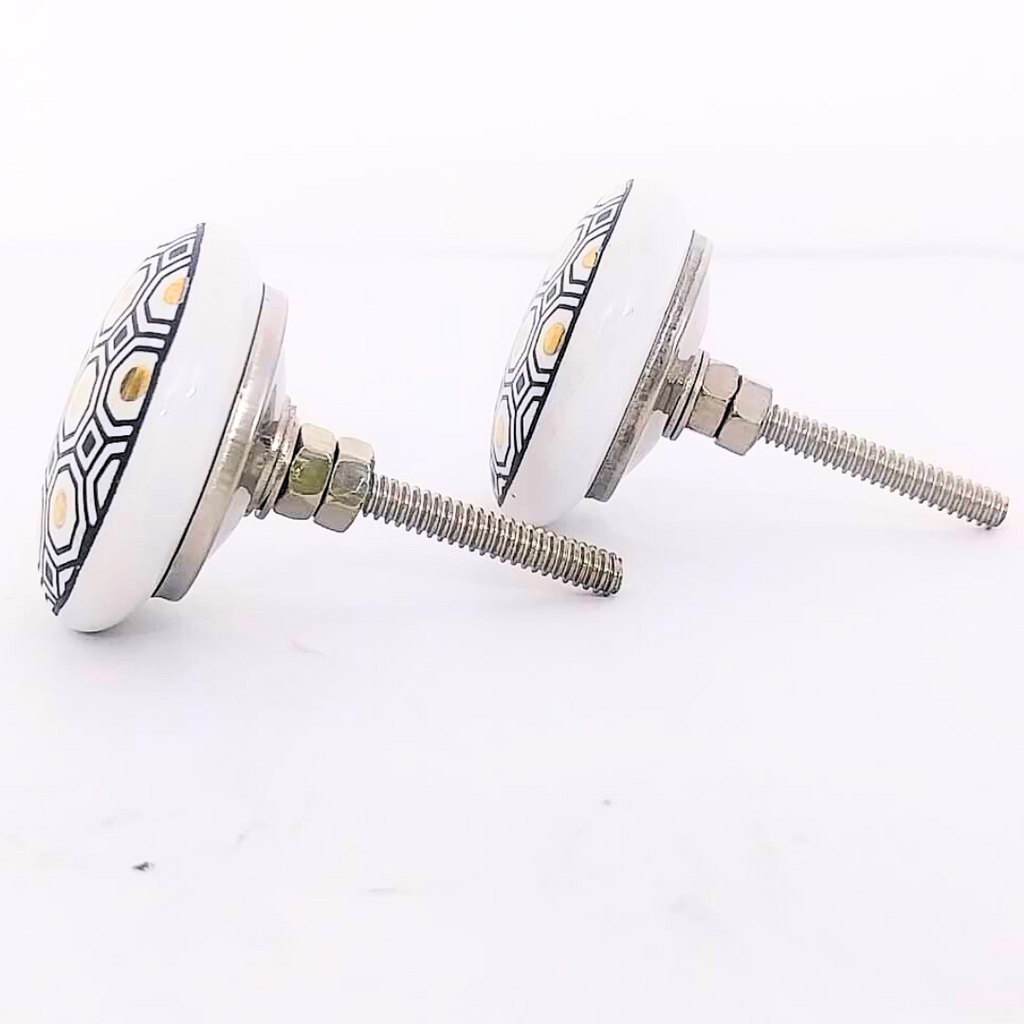 Decorative Ceramic Drawer Knobs, White and Black Geometric Hexagon Pattern | Handcrafted Cabinet Pulls & Drawer Handles | Set of 6 with Metal Hardware