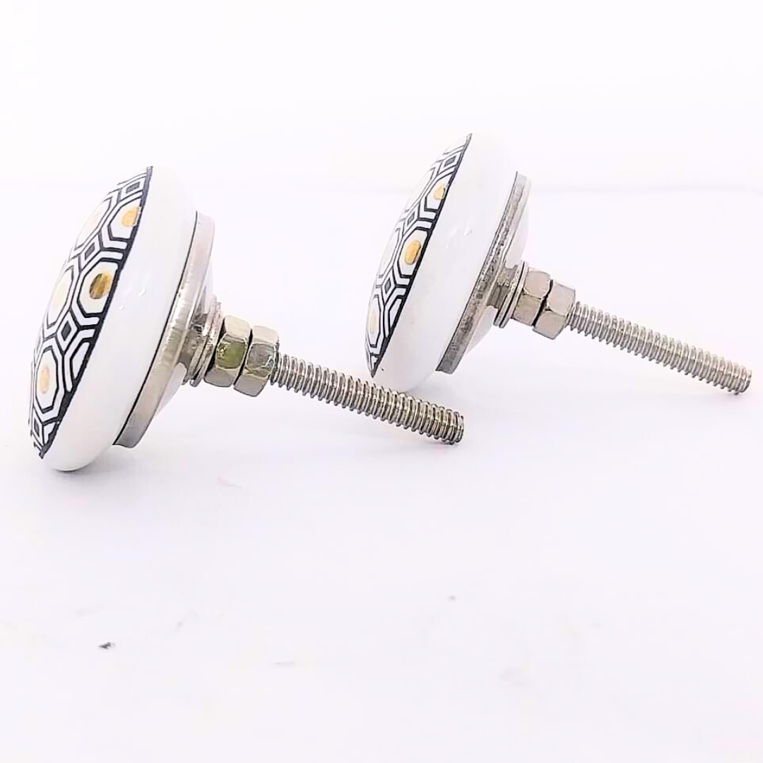 Decorative Ceramic Drawer Knobs, White and Black Geometric Hexagon Pattern | Handcrafted Cabinet Pulls & Drawer Handles | Set of 6 with Metal Hardware