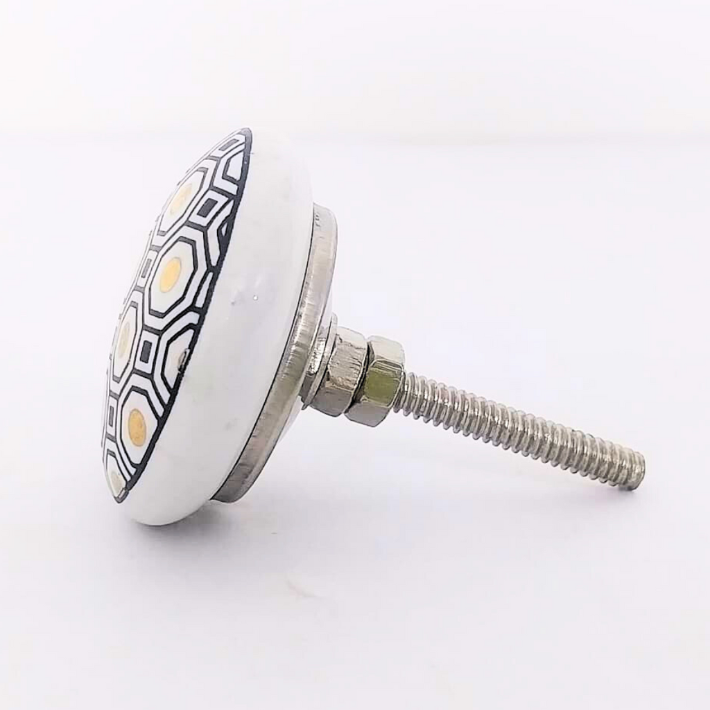 Decorative Ceramic Drawer Knobs, White and Black Geometric Hexagon Pattern | Handcrafted Cabinet Pulls & Drawer Handles | Set of 6 with Metal Hardware