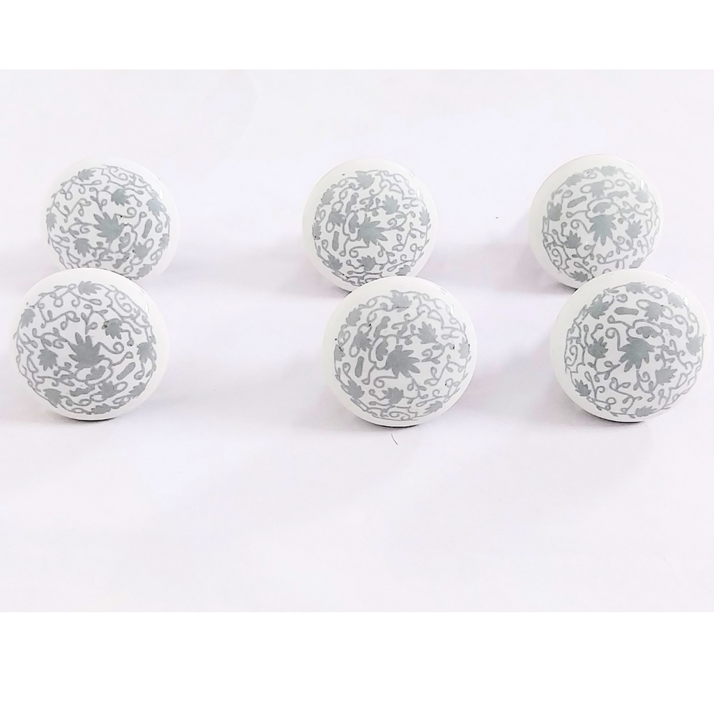 Decorative Ceramic Drawer Knobs with Grey Floral Pattern | White Cabinet Pulls with Metal Hardware | Handcrafted Drawer Handles for Cupboards, Wardrobes & Dressers (Set of 6)