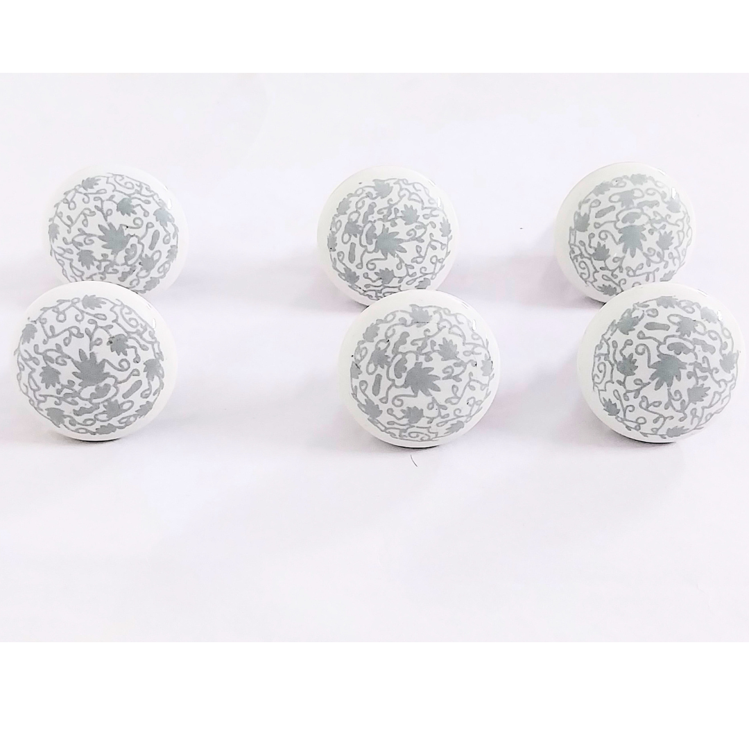 Decorative Ceramic Drawer Knobs with Grey Floral Pattern | White Cabinet Pulls with Metal Hardware | Handcrafted Drawer Handles for Cupboards, Wardrobes & Dressers (Set of 6)