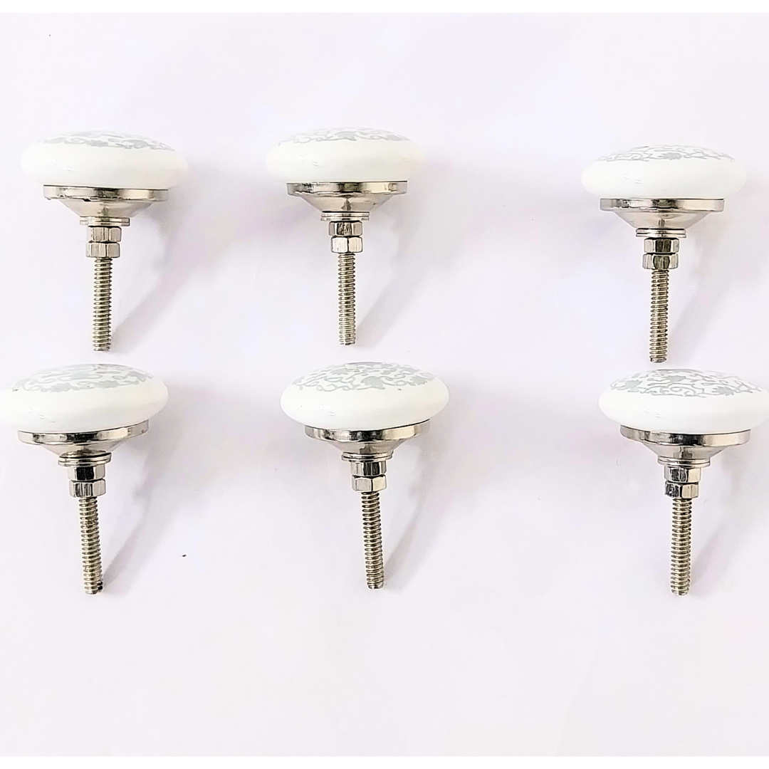 Decorative Ceramic Drawer Knobs with Grey Floral Pattern | White Cabinet Pulls with Metal Hardware | Handcrafted Drawer Handles for Cupboards, Wardrobes & Dressers (Set of 6)