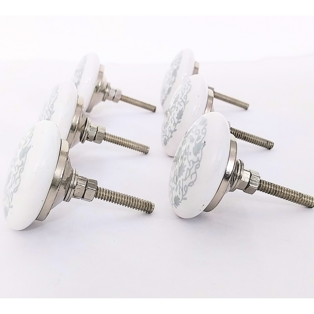 Decorative Ceramic Drawer Knobs with Grey Floral Pattern | White Cabinet Pulls with Metal Hardware | Handcrafted Drawer Handles for Cupboards, Wardrobes & Dressers (Set of 6)