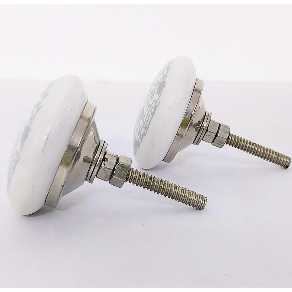 Decorative Ceramic Drawer Knobs with Grey Floral Pattern | White Cabinet Pulls with Metal Hardware | Handcrafted Drawer Handles for Cupboards, Wardrobes & Dressers (Set of 6)