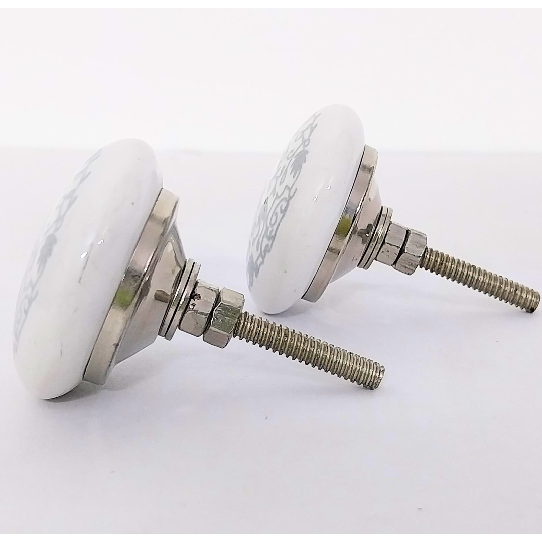 Decorative Ceramic Drawer Knobs with Grey Floral Pattern | White Cabinet Pulls with Metal Hardware | Handcrafted Drawer Handles for Cupboards, Wardrobes & Dressers (Set of 6)