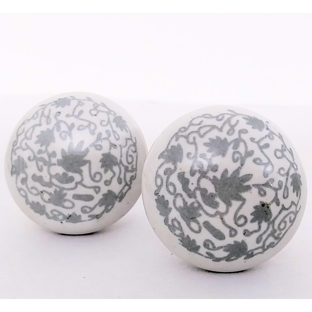 Decorative Ceramic Drawer Knobs with Grey Floral Pattern | White Cabinet Pulls with Metal Hardware | Handcrafted Drawer Handles for Cupboards, Wardrobes & Dressers (Set of 6)