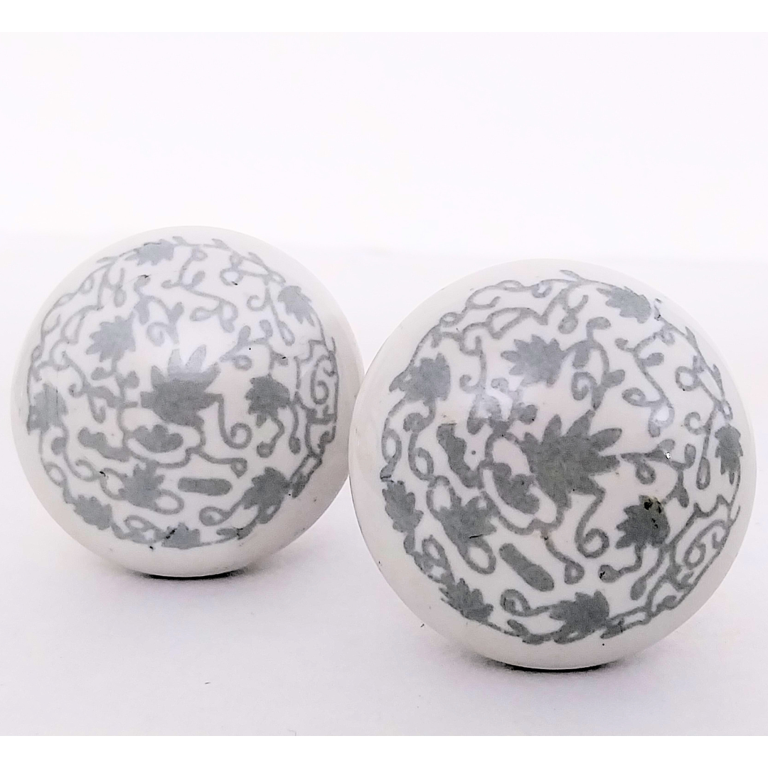 Decorative Ceramic Drawer Knobs with Grey Floral Pattern | White Cabinet Pulls with Metal Hardware | Handcrafted Drawer Handles for Cupboards, Wardrobes & Dressers (Set of 6)