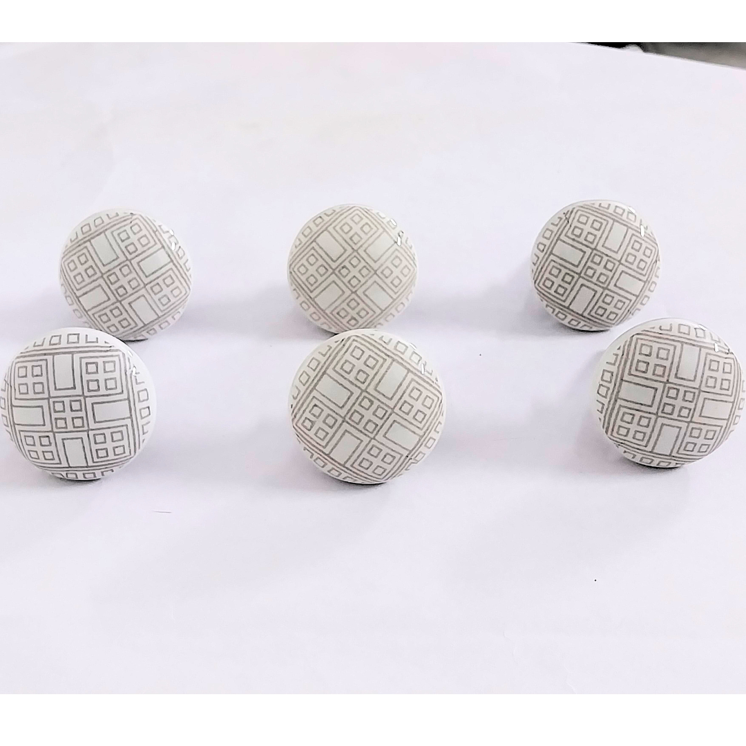 Decorative Ceramic Drawer Knobs, White with Geometric Pattern | Handcrafted Cabinet Pulls with Metal Hardware | Set of 6 for Drawers, Cupboards & Wardrobes