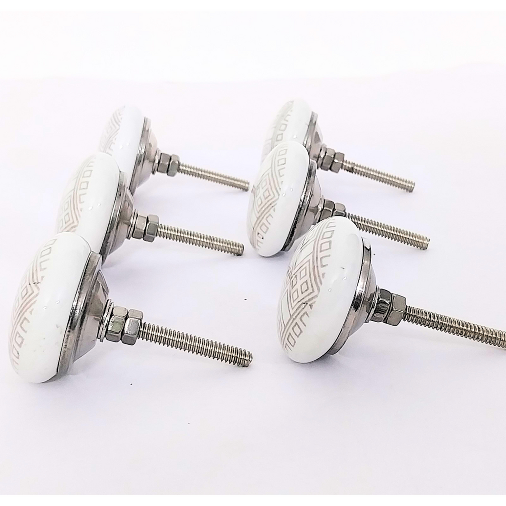 Decorative Ceramic Drawer Knobs, White with Geometric Pattern | Handcrafted Cabinet Pulls with Metal Hardware | Set of 6 for Drawers, Cupboards & Wardrobes