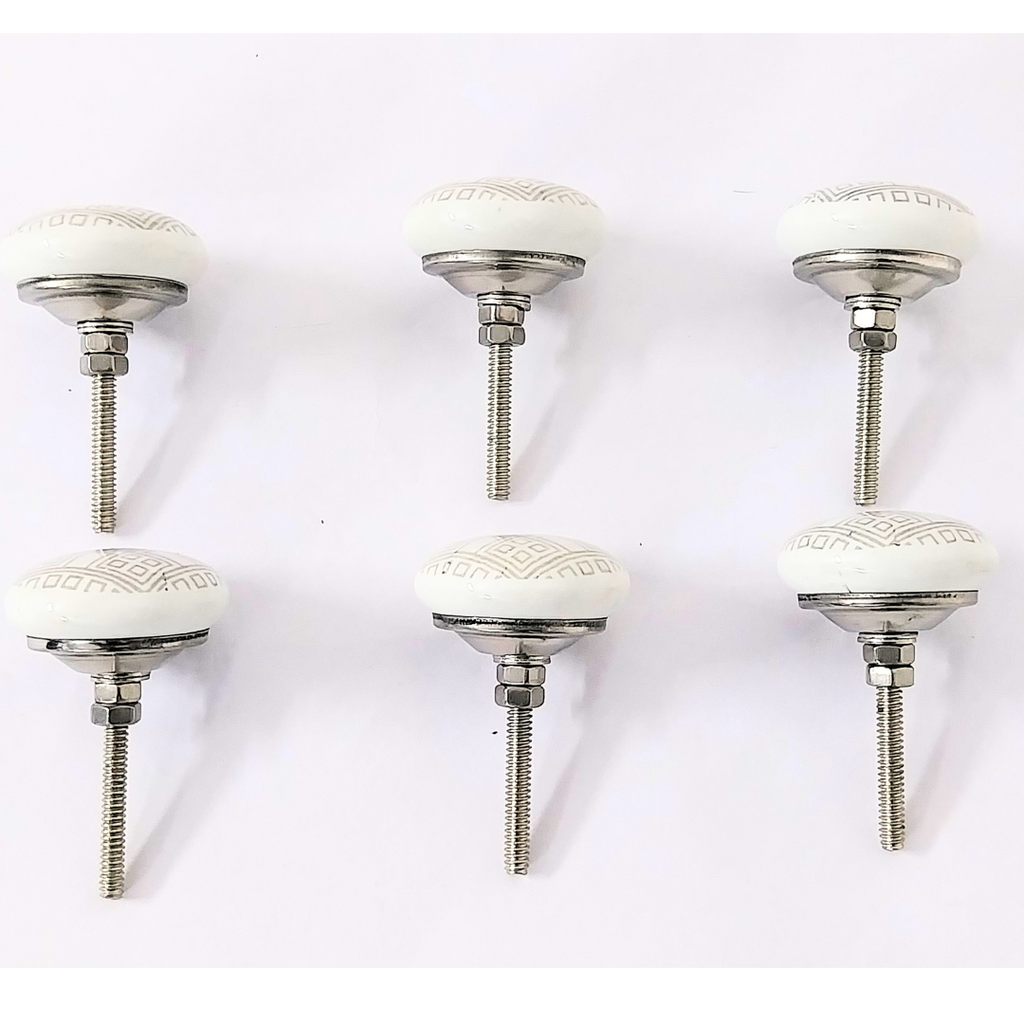 Decorative Ceramic Drawer Knobs, White with Geometric Pattern | Handcrafted Cabinet Pulls with Metal Hardware | Set of 6 for Drawers, Cupboards & Wardrobes