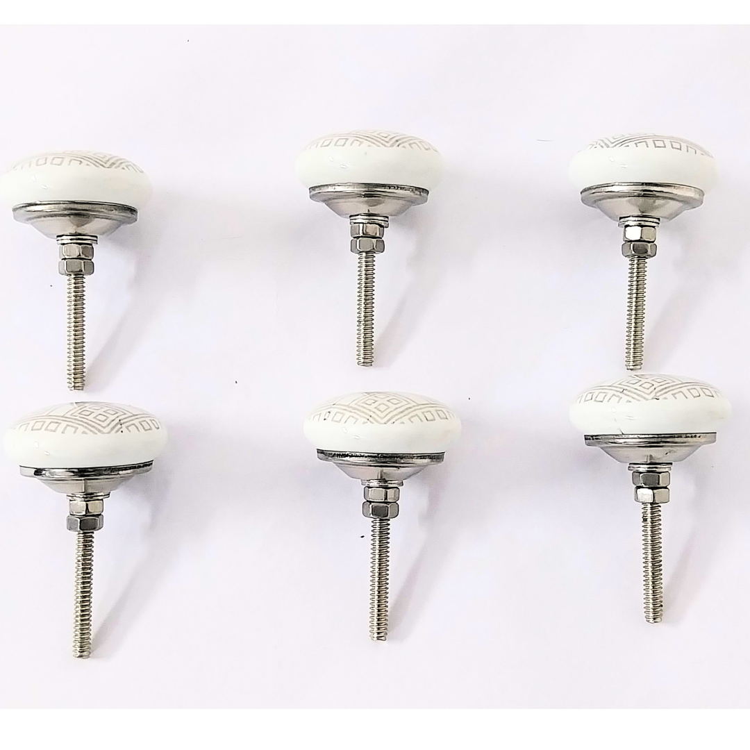 Decorative Ceramic Drawer Knobs, White with Geometric Pattern | Handcrafted Cabinet Pulls with Metal Hardware | Set of 6 for Drawers, Cupboards & Wardrobes