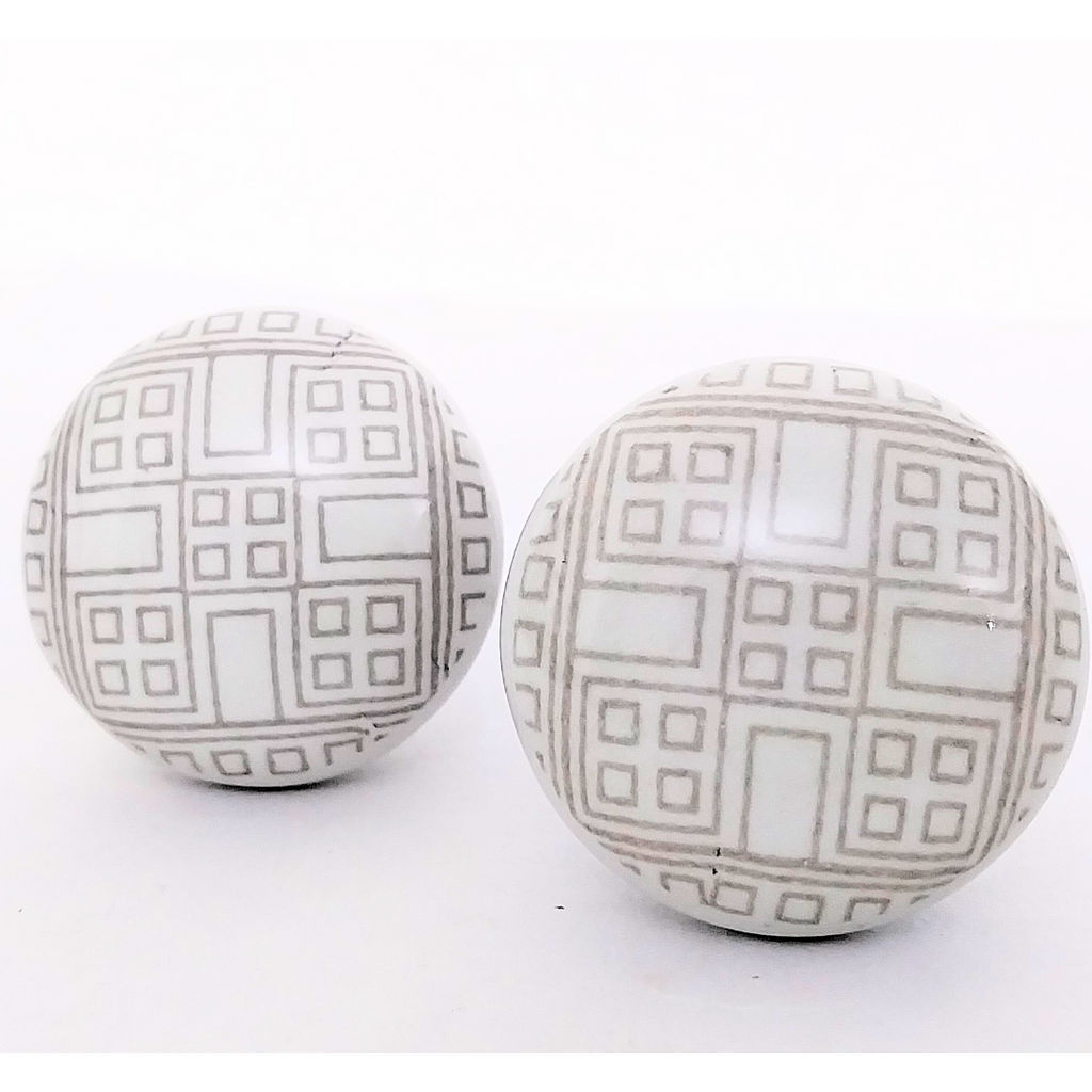 Decorative Ceramic Drawer Knobs, White with Geometric Pattern | Handcrafted Cabinet Pulls with Metal Hardware | Set of 6 for Drawers, Cupboards & Wardrobes