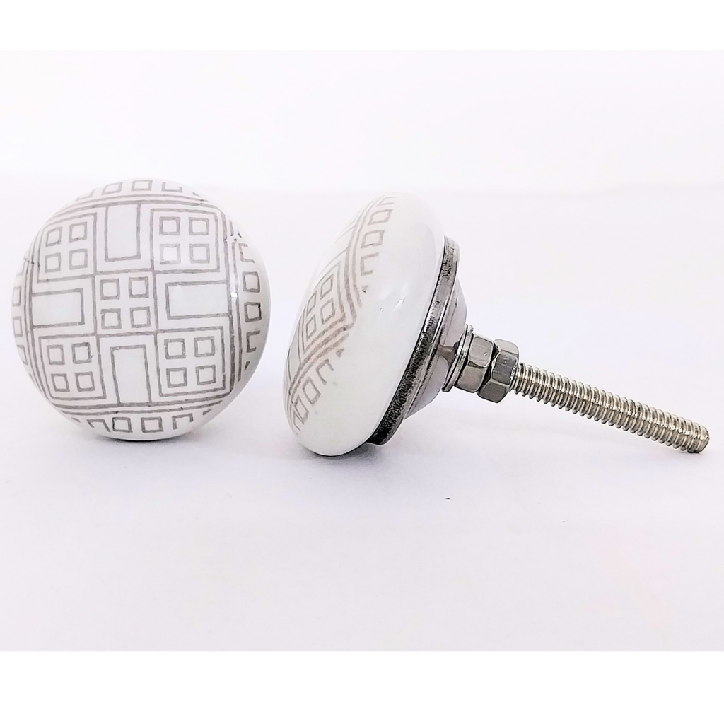 Decorative Ceramic Drawer Knobs, White with Geometric Pattern | Handcrafted Cabinet Pulls with Metal Hardware | Set of 6 for Drawers, Cupboards & Wardrobes