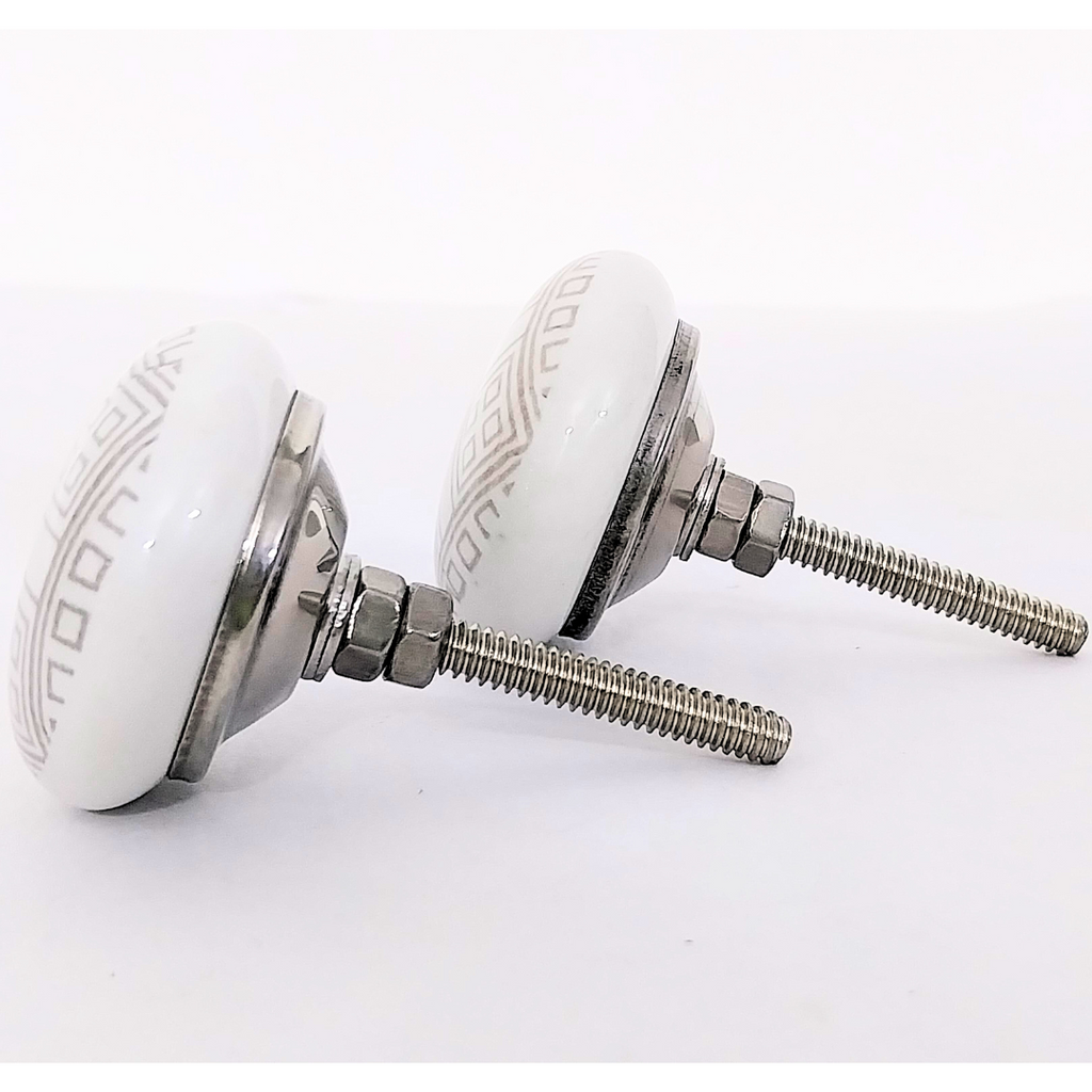 Decorative Ceramic Drawer Knobs, White with Geometric Pattern | Handcrafted Cabinet Pulls with Metal Hardware | Set of 6 for Drawers, Cupboards & Wardrobes